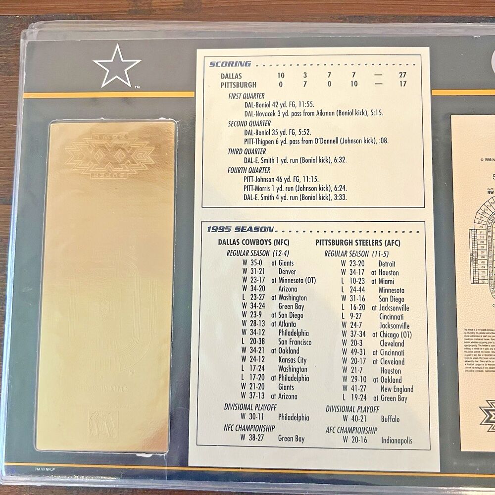 Super Bowl XXX Commemorative Gold Plated Super Bowl Ticket 22KT Willabee & Ward - Picture 9 of 10